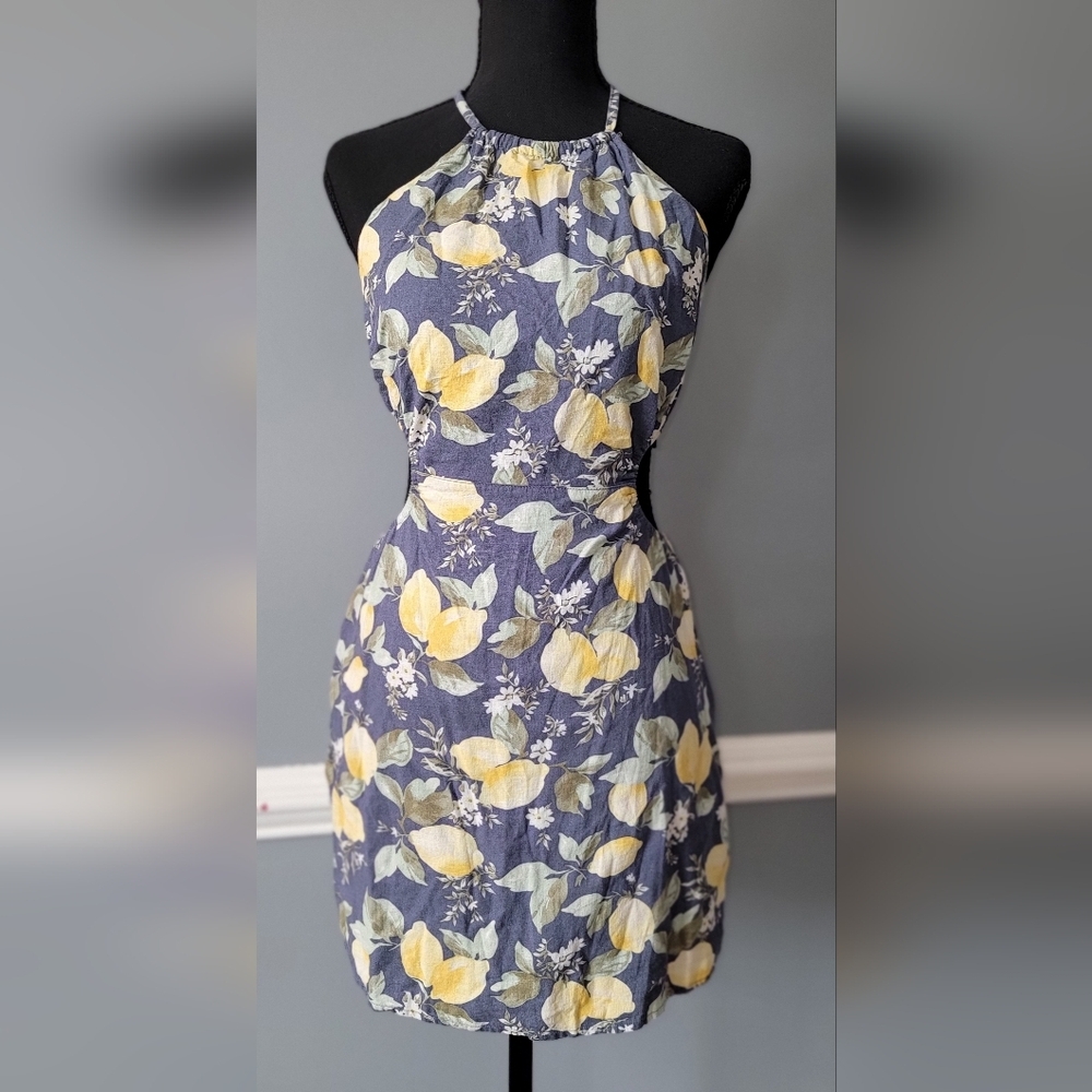 Abercrombie & Fitch Navy Halter Mini Dress with Yellow Lemon Print
